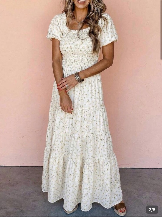 SHEIN Dresses & Skirts - SHEIN Cream Floral Smocked Maxi Dress with Puff Sleeves